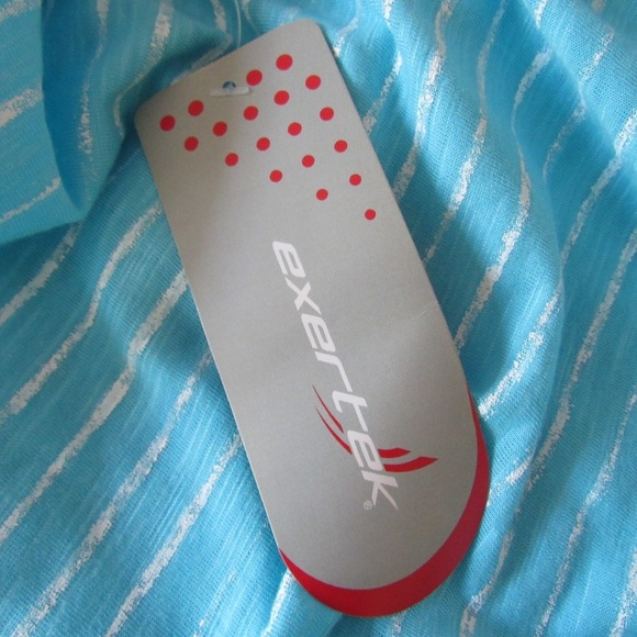 Exertek Turquoise Blue White Striped Short Sleeve Tee XL Cutout Shoulder Stretch - Picture 8 of 8